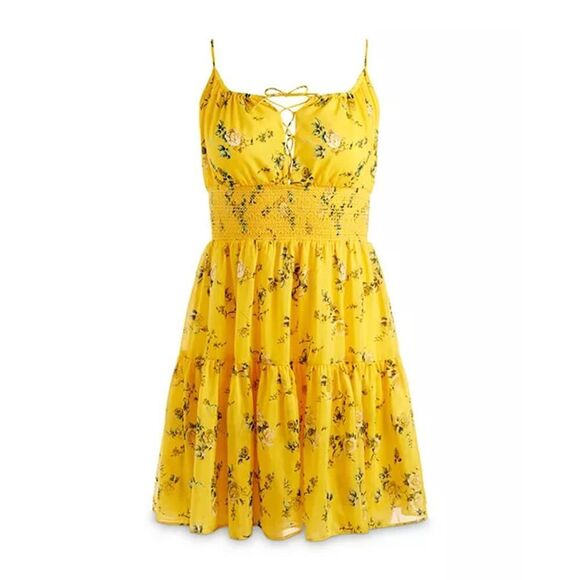 Alice + Olivia Lai Smocked Floral cotton Silk voile mini dress Yellow 8 - Picture 3 of 6